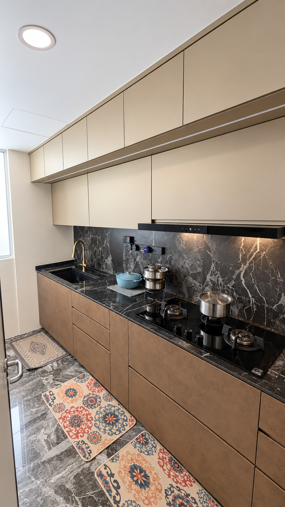 Kitchen overview showing full-height overhead cabinets