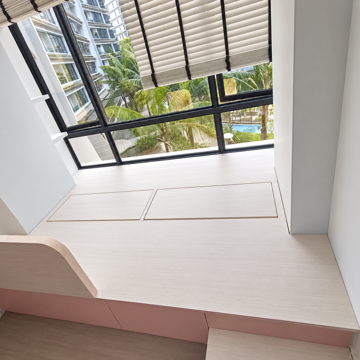 Platform bed front view showing raised ledge and off-white base