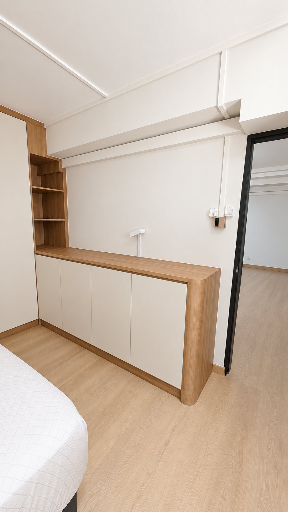 Low oak-top room divider cabinet with white carcass and storage below