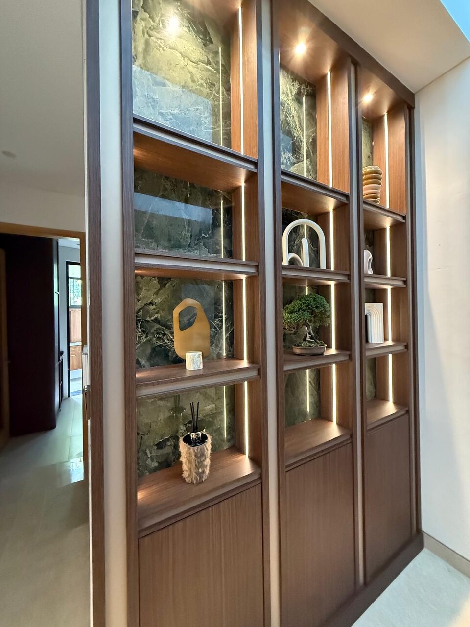 Display wall, lit glass shelves