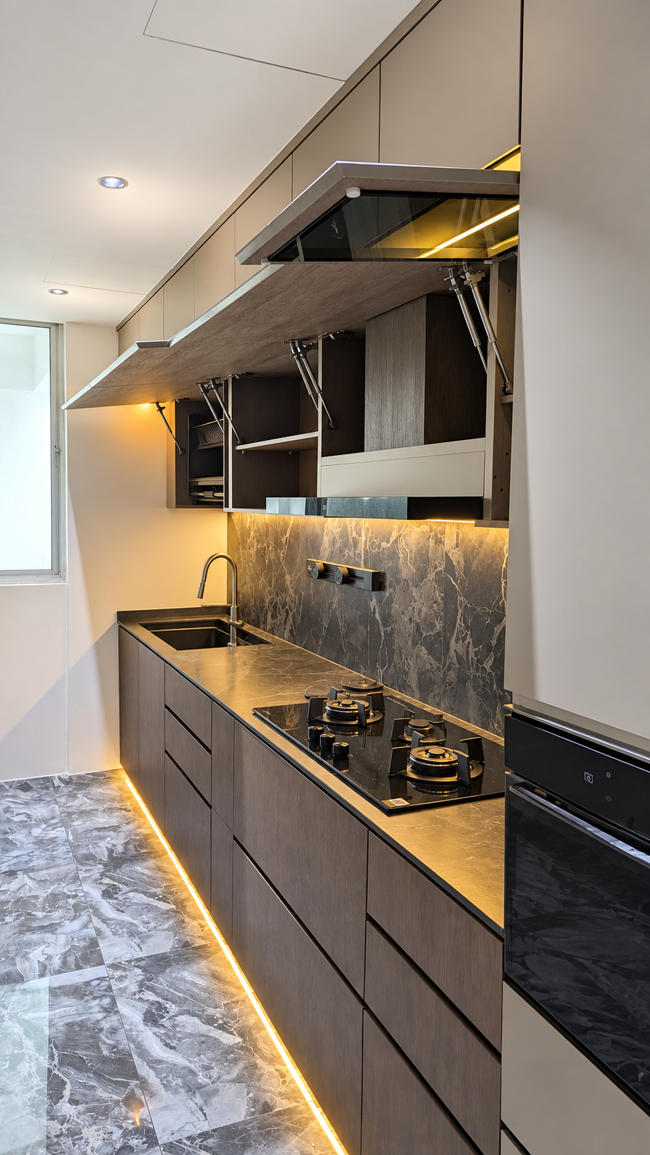 Slim storage cabinet open showing interior shelves