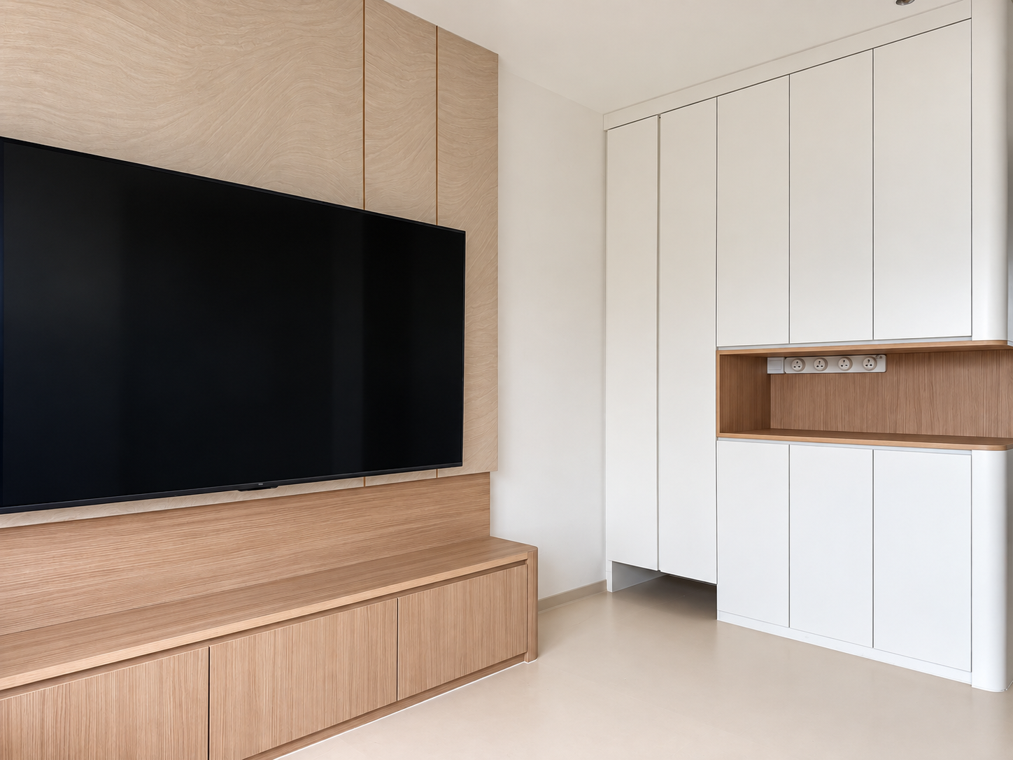Living room: oak TV wall + storage wall side angle (wide)