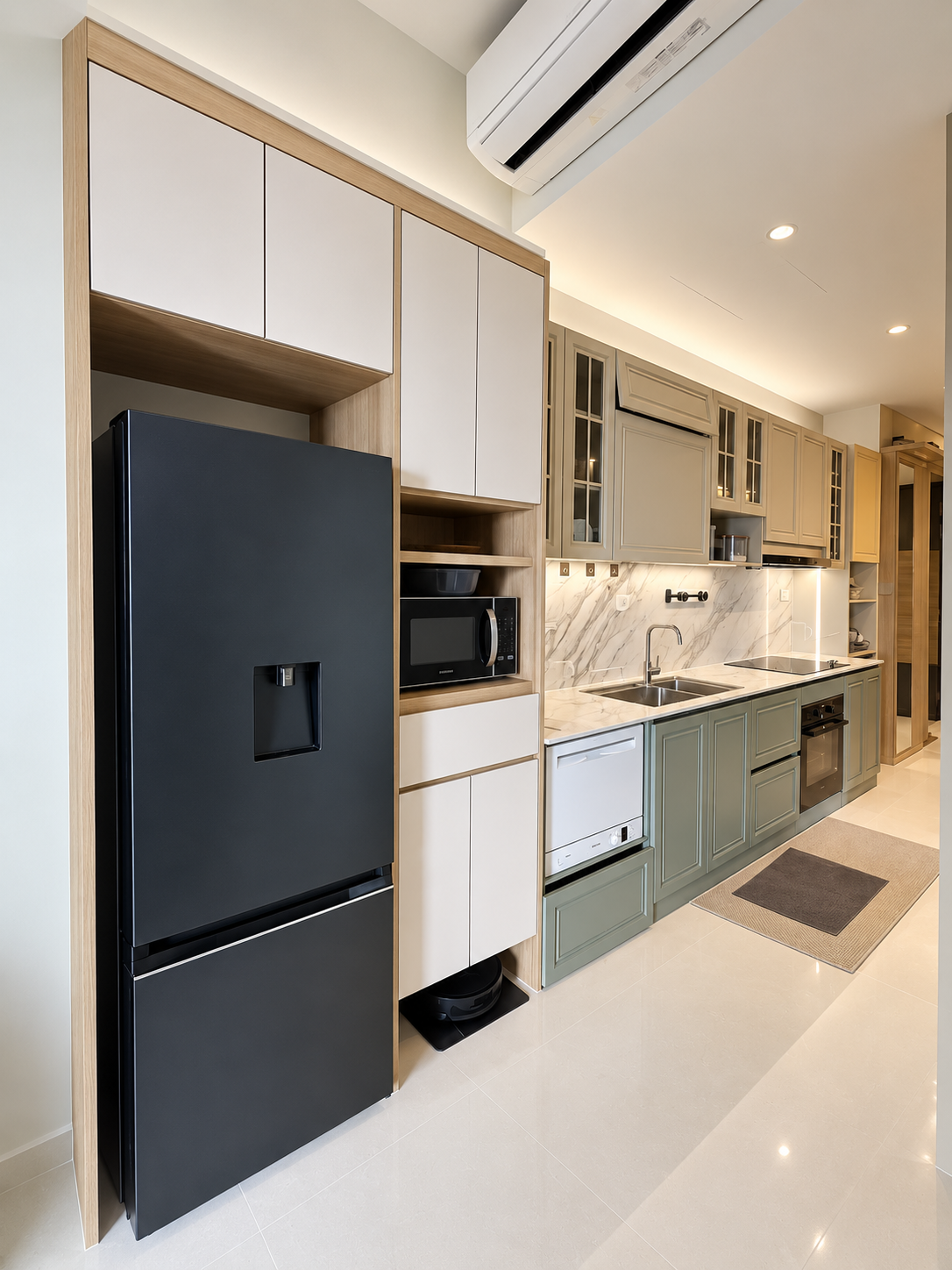 Kitchen — sage green shaker cabinets, marble backsplash, black fridge tower